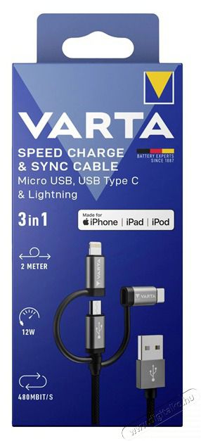 Varta 57937101111 2m 12W 3in1 USB A - Lightning/microUSB/Type C adat- &eacute;s t&ouml;ltők&aacute;bel Akkuk &eacute;s t&ouml;ltők - Li-ion akkumul&aacute;tor &eacute;s t&ouml;ltő (gy&aacute;ri) - T&ouml;ltő / h&aacute;l&oacute;zati adapter - 508286