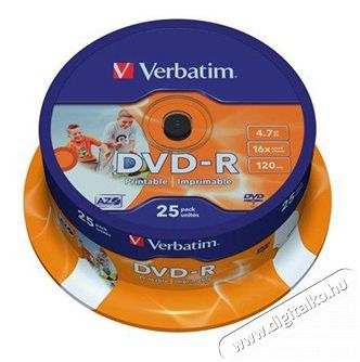 VERBATIM DVDV-16B25PP DVD-R cake box nyomtathat&oacute; DVD lemez 25db/csomag Audio-Video / Hifi / Multim&eacute;dia - CD / DVD / Blu-Ray / Multim&eacute;dia k&eacute;sz&uuml;l&eacute;k - DVD / HDD felvevő - 407635
