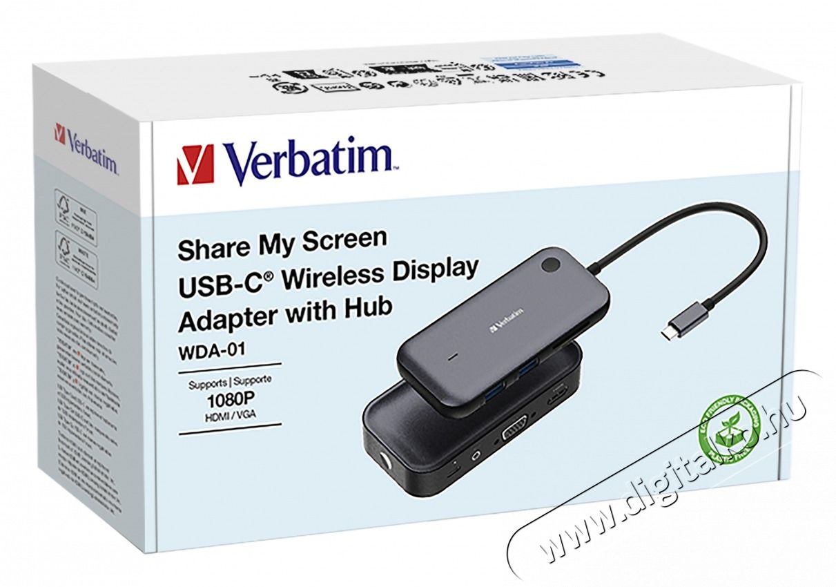 VERBATIM 32146 Share my Screen WDA-01 fekete/sz&uuml;rke vezet&eacute;k n&eacute;lk&uuml;li kijelző adapter + HUB Iroda &eacute;s sz&aacute;m&iacute;t&aacute;stechnika - Notebook kieg&eacute;sz&iacute;tő - USB hub / eloszt&oacute; - 507638