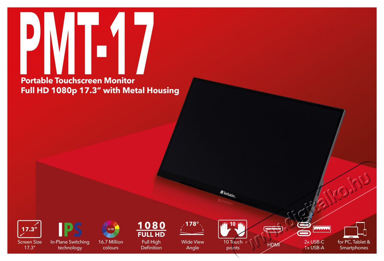 VERBATIM 49593 17,3 PMT-17 FHD IPS HDMI/USB-C fekete f&eacute;m bor&iacute;t&aacute;s&uacute; &eacute;rintők&eacute;pernyős monitor Iroda &eacute;s sz&aacute;m&iacute;t&aacute;stechnika - Monitor - &Eacute;rintők&eacute;pernyős monitor - 507923