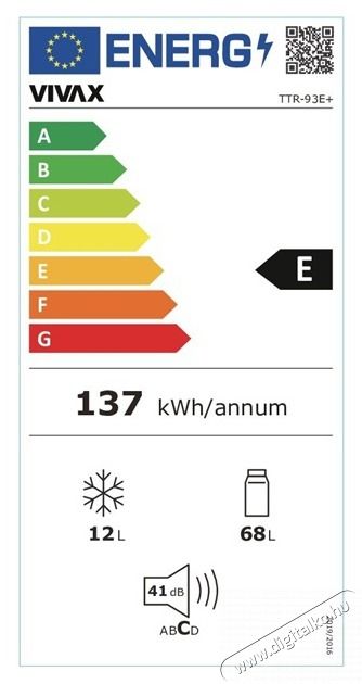 Vivax TTR-93E+ egyajt&oacute;s hűtőszekr&eacute;ny Konyhai term&eacute;kek - Hűtő, fagyaszt&oacute; (szabadon&aacute;ll&oacute;) - Egyajt&oacute;s hűtő - 502681