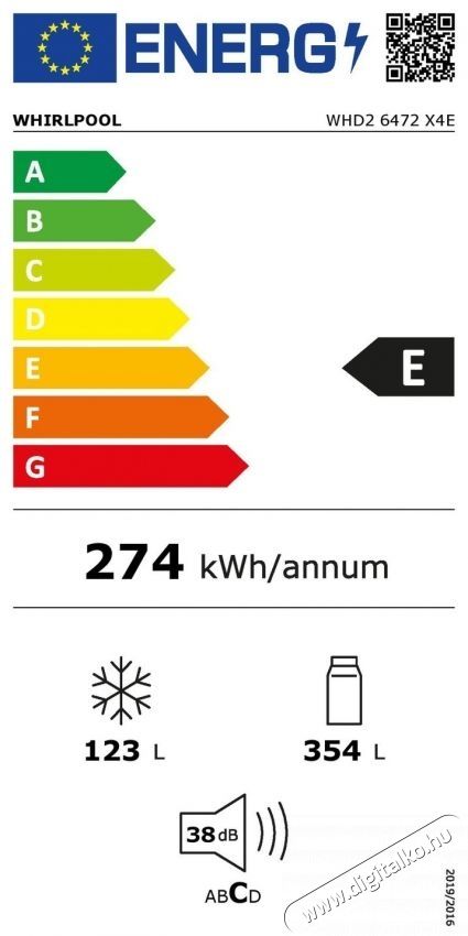 Whirlpool WHD2 6472W X4E fel&uuml;lfagyaszt&oacute;s hűtőszekr&eacute;ny Konyhai term&eacute;kek - Hűtő, fagyaszt&oacute; (szabadon&aacute;ll&oacute;) - Fel&uuml;lfagyaszt&oacute;s kombin&aacute;lt hűtő - 502723